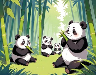 Adorable Panda Bears Enjoying Bamboo In A Lush Forest