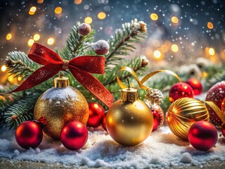 Festive New Year Decoration: Gold & Red Balls, Snowy Winter Background