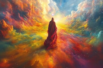 A solitary figure in a flowing red cloak walks through a vibrant cosmic landscape, filled with swirling clouds of orange, blue, and gold.