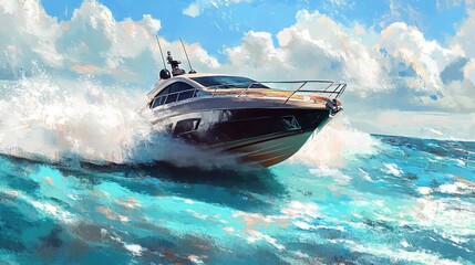 Fototapeta premium digital painting of motorboat speeding across waves with spray flying behind it