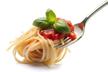 fork with spaghetti tomato sauce and basil on a white