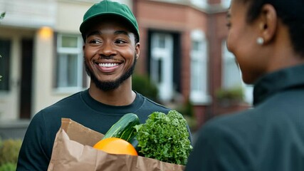 Smiling delivery woman holding a paper bag of fresh organic vegetables, promoting healthy eating and convenient delivery options