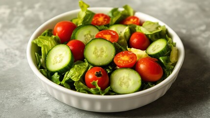 fresh green salad with cherry tomatoes and cucumbers displayed in small white ceramic bowl under diffused lighting