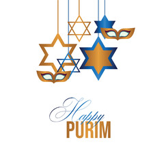 Purim, realistic vector illustration. Balloons and flags, star of david and carnival masks.