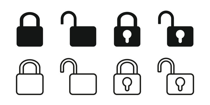 Lock icon set. Locked and unlocked vector icon set. Lock and unlock padlock symbol of device security. Privacy symbol vector stock illustration. Round and square shape padlock.