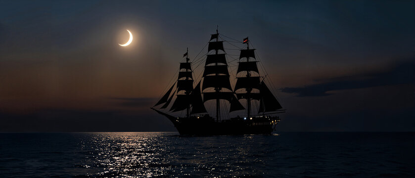 Sailing Ship at Night, Moonlit Ocean, Dark Blue Sky, Calm Waters, Majestic Vessel, Romantic Scene, T