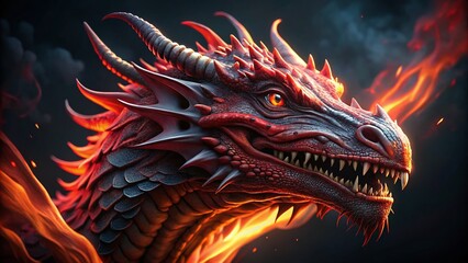 Fiery Red Dragon Head, Mythical Creature, Fantasy Art, Black Background, High Depth of Field