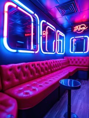 Vibrant Neon Decor in a Modern Lounge with Red Upholstered Seating