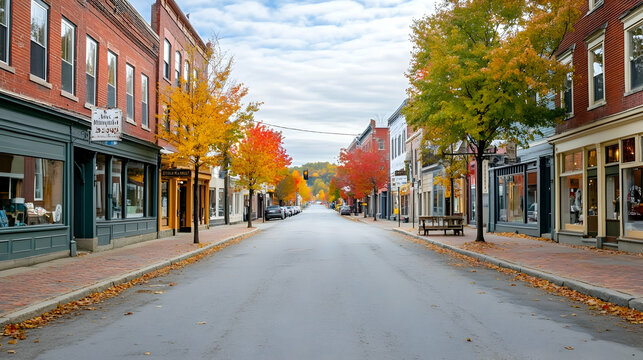 Quaint main street in Montpelier Vermont with historic buildings and vibrant fall colors