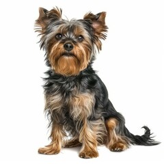 Adorable yorkshire terrier sitting and looking forward on a seamless white background