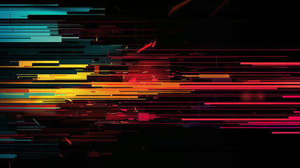 Abstract digital artwork featuring horizontal glitch patterns in vibrant shades of red, orange, yellow, and teal against a dark background.  

