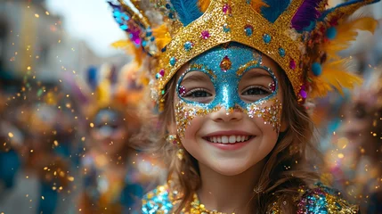 Children and adults in themed costumes and masks celebrating in a cheerful street festival