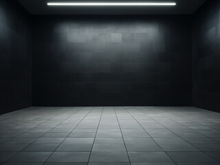 Fototapeta premium A dimly lit room featuring a tile floor and wall as the background