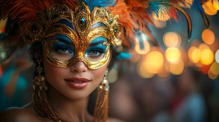 Performer in a mask with a feathered headdress in a dramatic and lively festival setting
