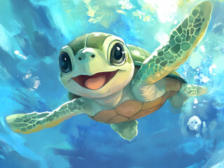 Smiling baby turtle swim under water illustration