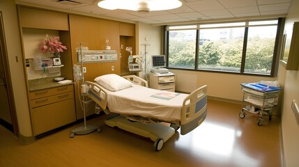 Modern hospital delivery room setup with medical staff attending to a newborn baby, symbolizing the miracle of life and the dedication of healthcare professionals.