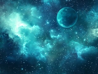 Obraz premium Stunning Teal Nebula Photo: Serene Planet Gently Floating Amidst Cosmic Dust. AI Generated