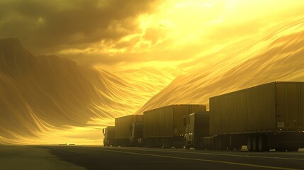 Obraz premium Aid Trucks on a Desert Road: Humanitarian Logistics, Emergency Relief, Desert Transportation, and Crisis Response