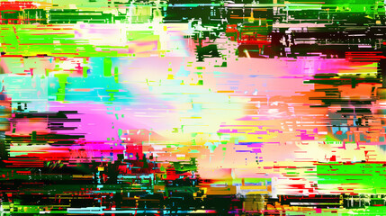 Abstract glitch art featuring vibrant green, pink, yellow, and blue tones with digital distortions, pixelated textures, and futuristic patterns.  

