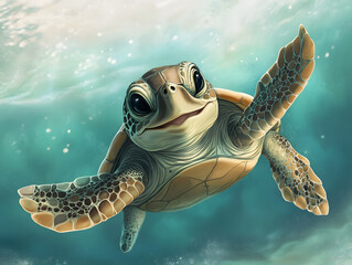 Smiling baby turtle swim under water illustration