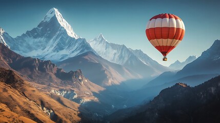 Fototapeta premium Hot Air Balloon Soaring Over Majestic Snow Capped Mountains