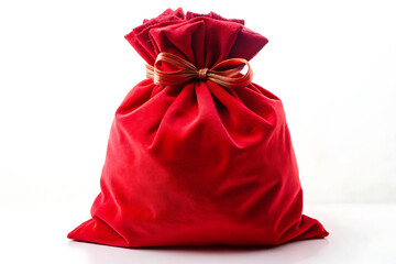 large red velvet sack for Christmas gifts on a white