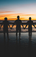 Group of young male and female persons holding hands together standing on seaside at scenery sunset during summer vacations, silhouette of friends enjoying holidays. Happiness, community, friendship