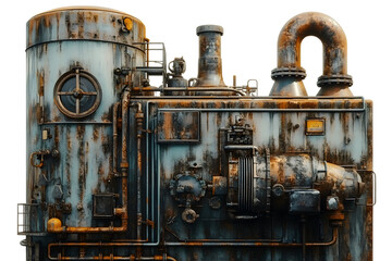 A detailed and rusted industrial machine with pipes and structures, showcasing a steampunk aesthetic and vintage mechanical design.