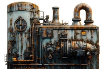 A detailed and rusted industrial machine with pipes and structures, showcasing a steampunk aesthetic and vintage mechanical design.