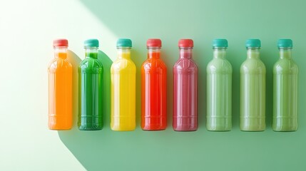 cluster of colorful smoothie bottles placed neatly on pastel green background under bright natural light