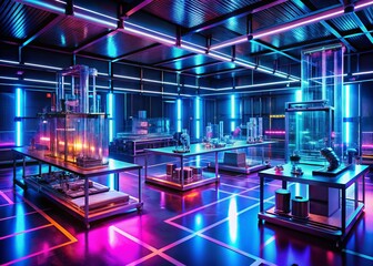 Fototapeta premium Futuristic AI Robotic Drug Screening Neon Lab Landscape