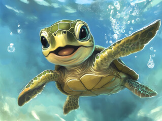 Smiling baby turtle swim under water illustration