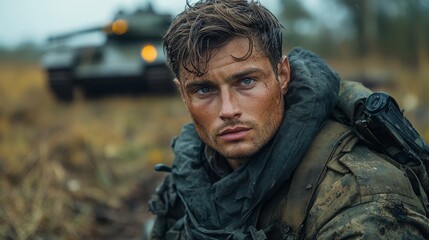 Soldier with a rugged face and serious expression sits in a muddy field, with a tank blurred in background
