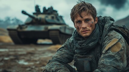 Soldier with a dirty, determined face sits on the ground, with a tank in the background on a battlefield