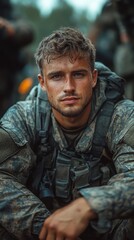 Obraz premium Soldier in camouflage gear sits with a focused expression, surrounded by blurred figures and a natural outdoor setting