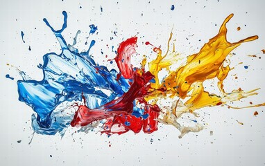 A chaotic splash of liquid paint in bold primary colors like red, yellow, and blue, frozen mid-motion on a clean white background