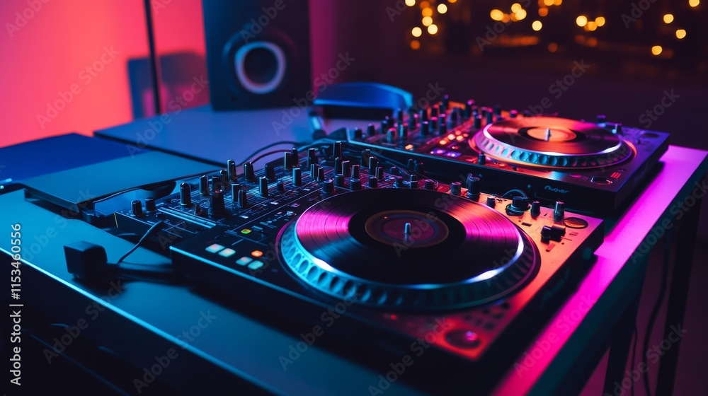 Poster a tidy dj booth with turntables and a mixer neatly set up, a vibrant room with colorful lights and a