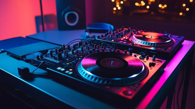 A tidy DJ booth with turntables and a mixer neatly set up, A vibrant room with colorful lights and a sleek desk, Minimalist musical style