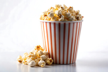 paper cup filled with popcorn against white background