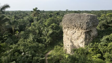 Fototapeta premium A towering rock formation amidst dense tropical foliage and a winding path.