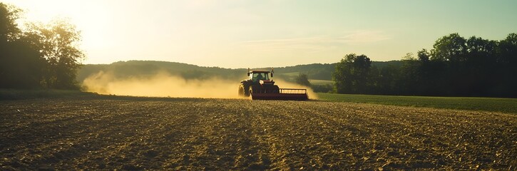 Naklejka premium The idea of ​​using modern machinery in agriculture and simplifying farming methods in agriculture. A tractor drives through a field and dust rises in the golden light of dawn.