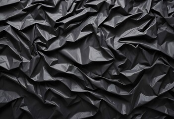 Crumpled black plastic sheets , creating an abstract textured background