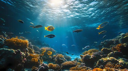 Naklejka premium An underwater perspective showcasing various species of fish and corals resting at the seafloor. Seafloor. Illustration