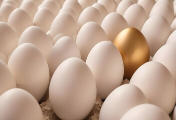 Rows of white eggs with one golden egg standing out among them