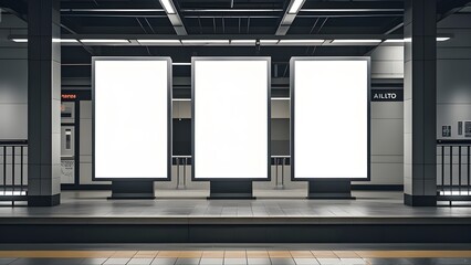 Front view of three empty white billboard screens at the metro station. Mock up. Blank advertising billboards in the subway
