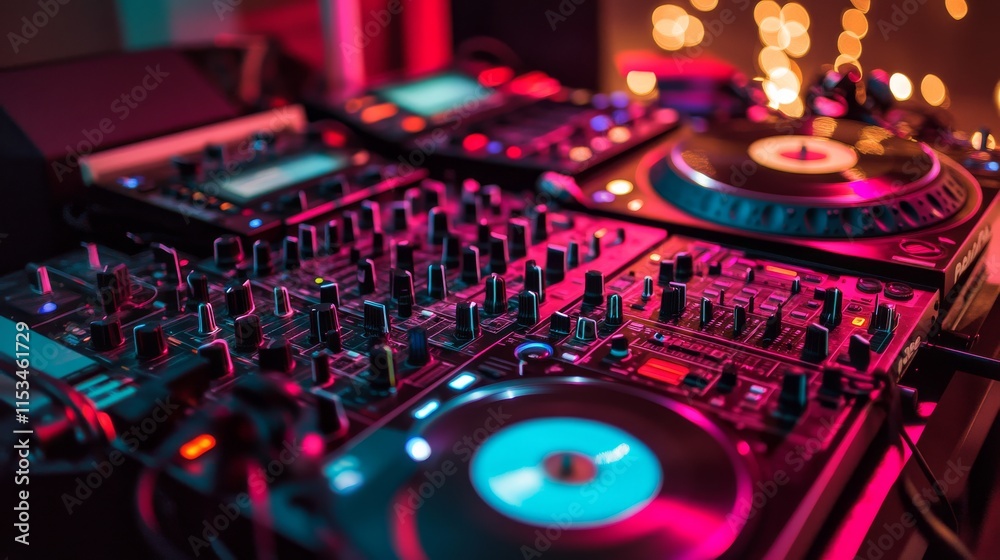 Poster a tidy dj booth with turntables and a mixer neatly set up, a vibrant room with colorful lights and a