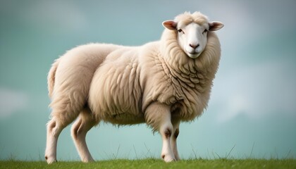 Obraz premium A white sheep with fluffy wool standing against a green field