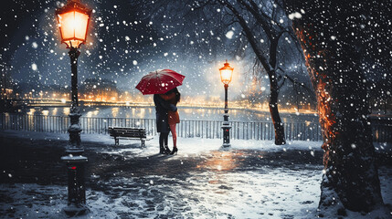 Obraz premium ROMANTIC DATE IN WINTER UNDER AN UMBRELLA ON THE RIVER EMBANKMENT