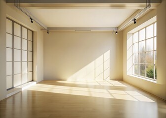 Studio Product Photography Background: Light Minimalist Empty Room with Window Shadows, Blurred Backdrop, Medium Shot