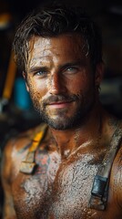 Rugged person with wet hair, mud-covered skin, intense blue eyes, and wearing a leather strap
